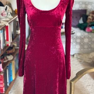 Y2K Betsey Johnson Vintage Crushed Velvet Long Sleeve Skater Dress in Rich Red